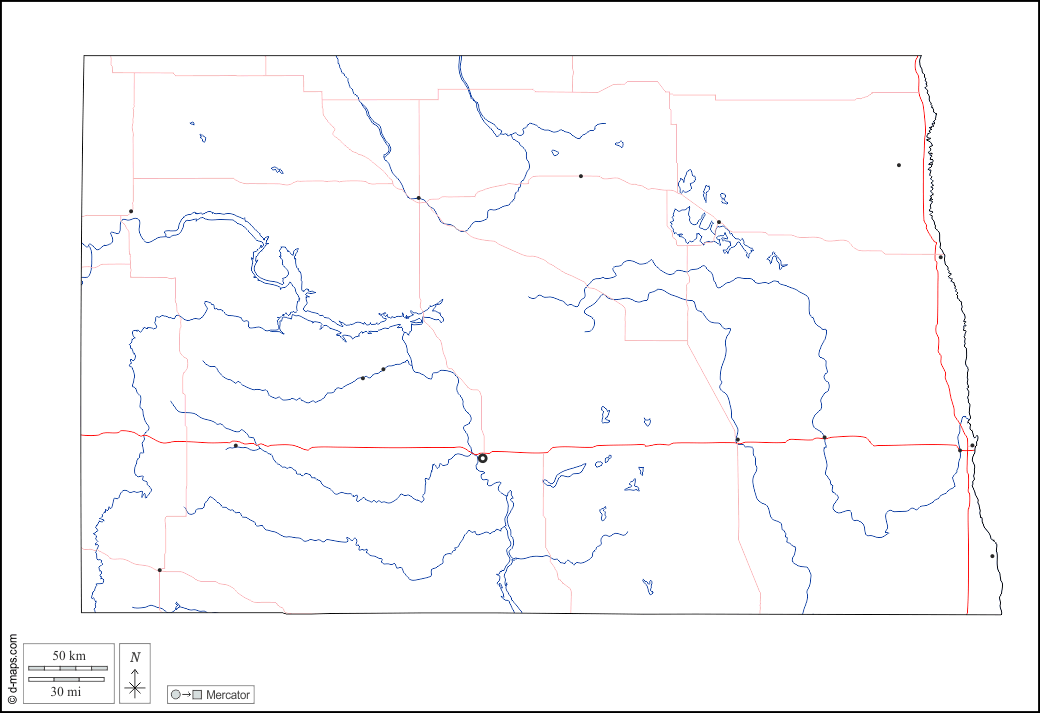 Dakota del Nord : d-maps.com: mappa gratuita, mappa muta gratuita, cartina muta gratuita : contorni, idrografia, principali città, strade, bianco