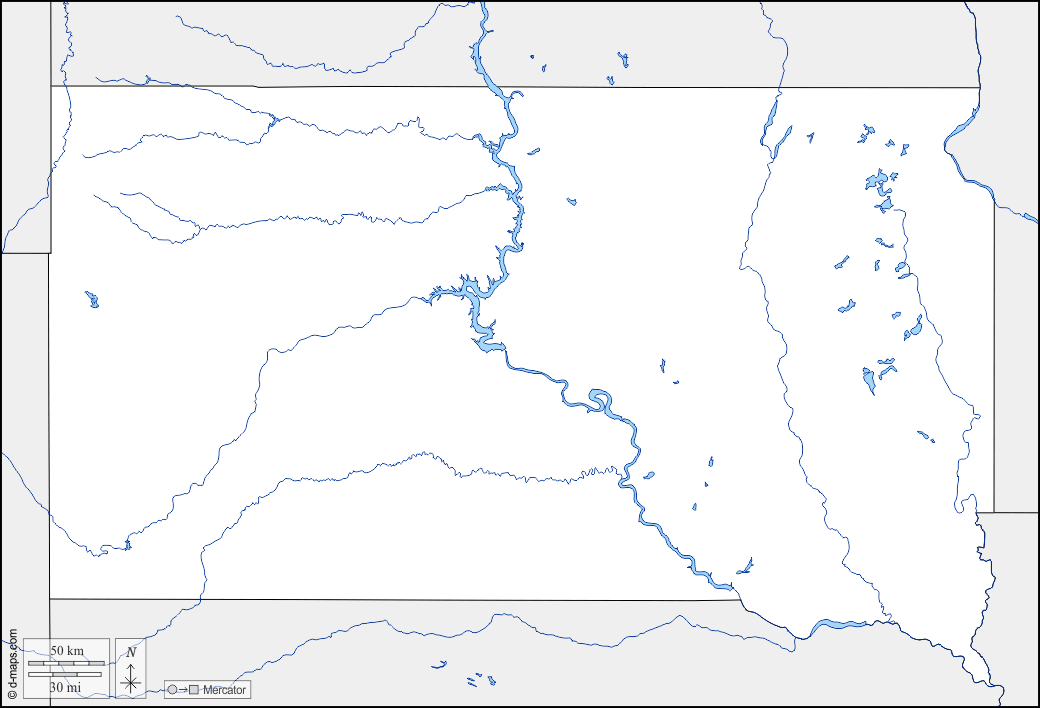 Dakota del Sud : d-maps.com: mappa gratuita, mappa muta gratuita, cartina muta gratuita : frontiere, idrografia