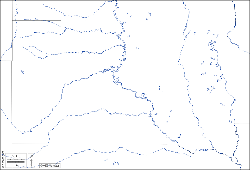 Dakota del Sud : d-maps.com: mappa gratuita, mappa muta gratuita, cartina muta gratuita : frontiere, idrografia, bianco