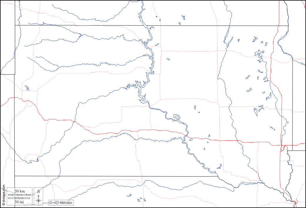 Dakota del Sud : d-maps.com: mappa gratuita, mappa muta gratuita, cartina muta gratuita : frontiere, idrografia, strade, bianco