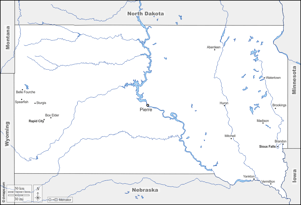 Dakota del Sud : d-maps.com: mappa gratuita, mappa muta gratuita, cartina muta gratuita : frontiere, idrografia, principali città, nomi