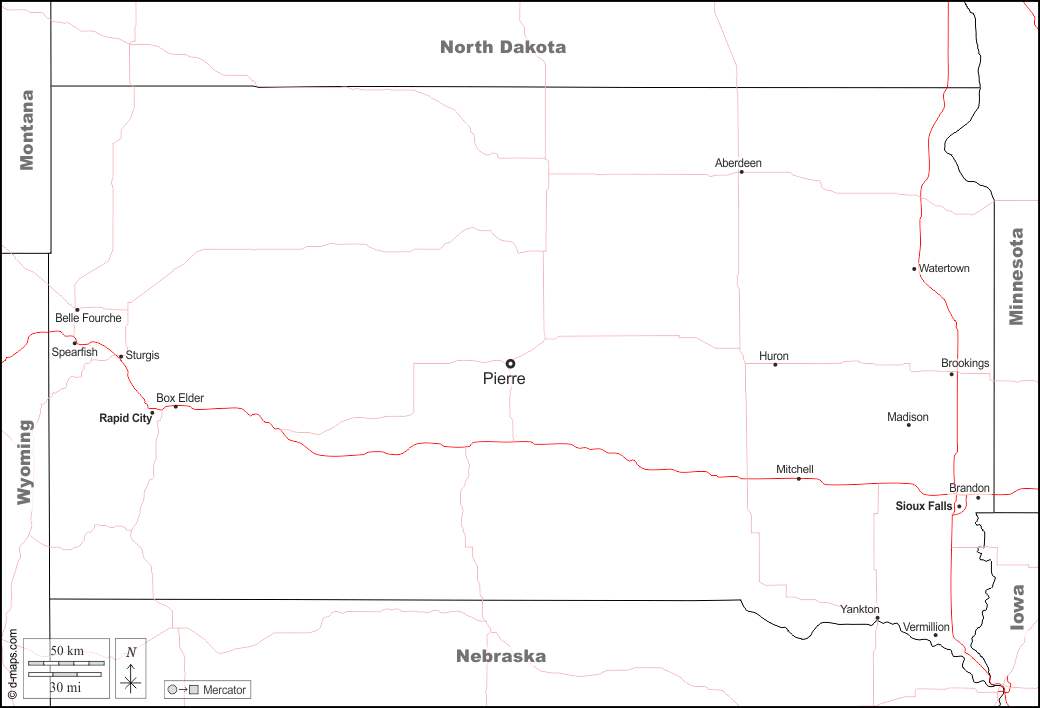 Dakota del Sud : d-maps.com: mappa gratuita, mappa muta gratuita, cartina muta gratuita : frontiere, principali città, strade, nomi, bianco