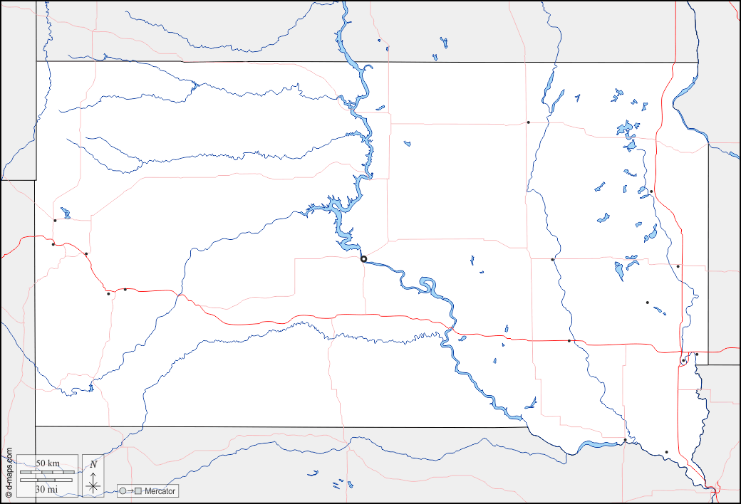 Dakota del Sud : d-maps.com: mappa gratuita, mappa muta gratuita, cartina muta gratuita : frontiere, idrografia, principali città, strade