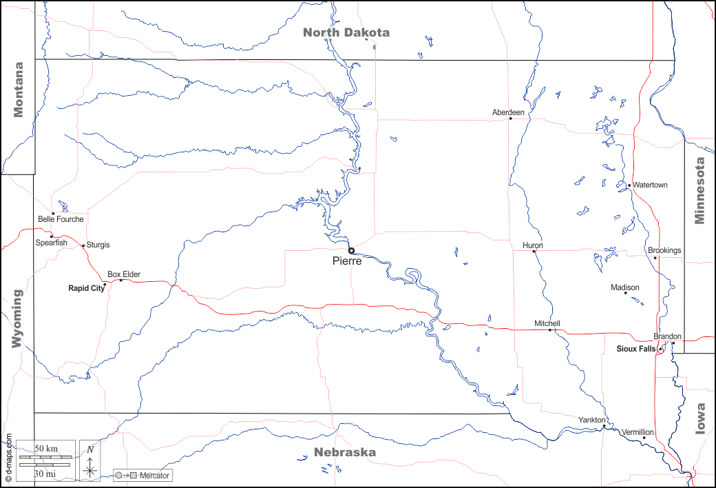Dakota del Sud : d-maps.com: mappa gratuita, mappa muta gratuita, cartina muta gratuita : frontiere, idrografia, principali città, strade, nomi, bianco