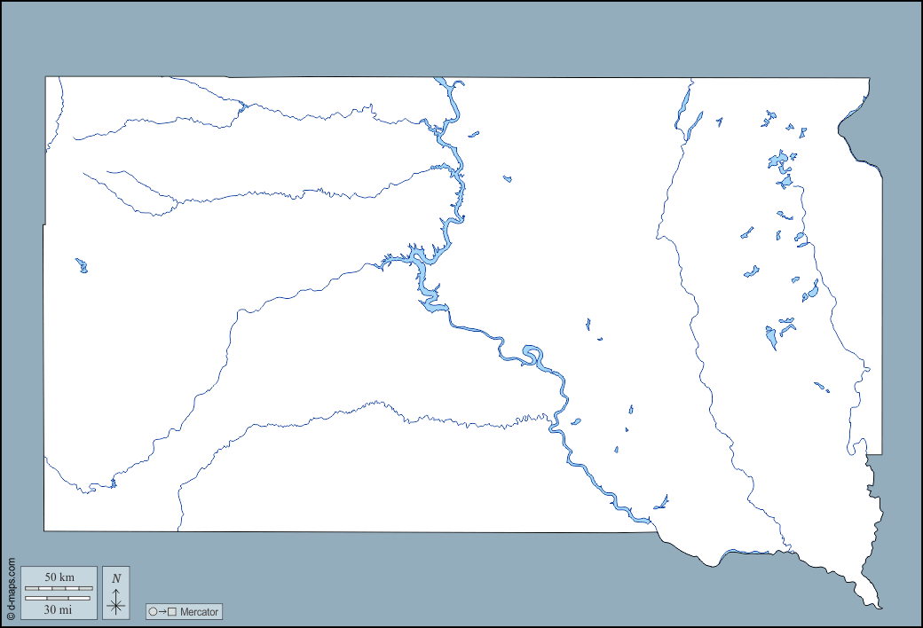 Dakota del Sud : d-maps.com: mappa gratuita, mappa muta gratuita, cartina muta gratuita : contorni, idrografia