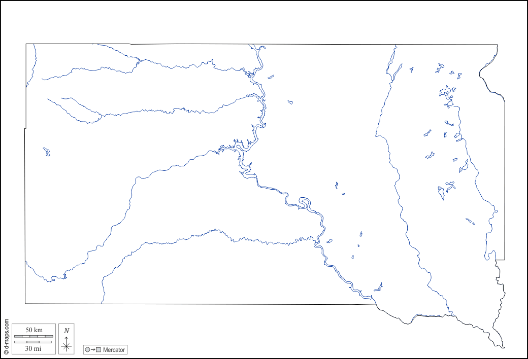 Dakota del Sud : d-maps.com: mappa gratuita, mappa muta gratuita, cartina muta gratuita : contorni, idrografia, bianco