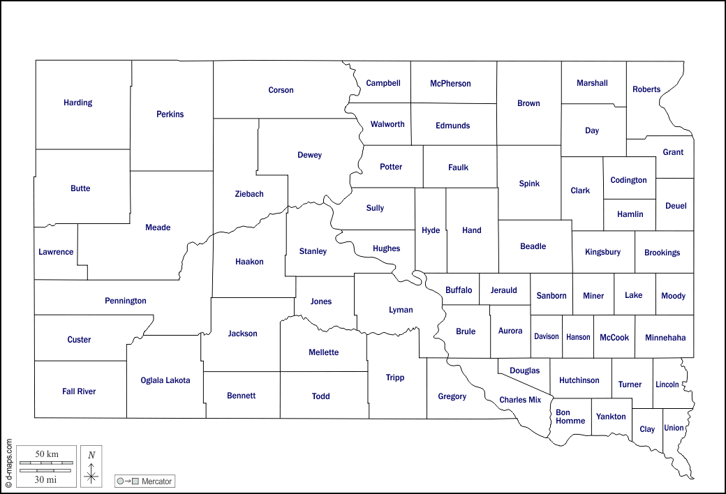Dakota del Sud : d-maps.com: mappa gratuita, mappa muta gratuita, cartina muta gratuita : contorni, contee, nomi, bianco
