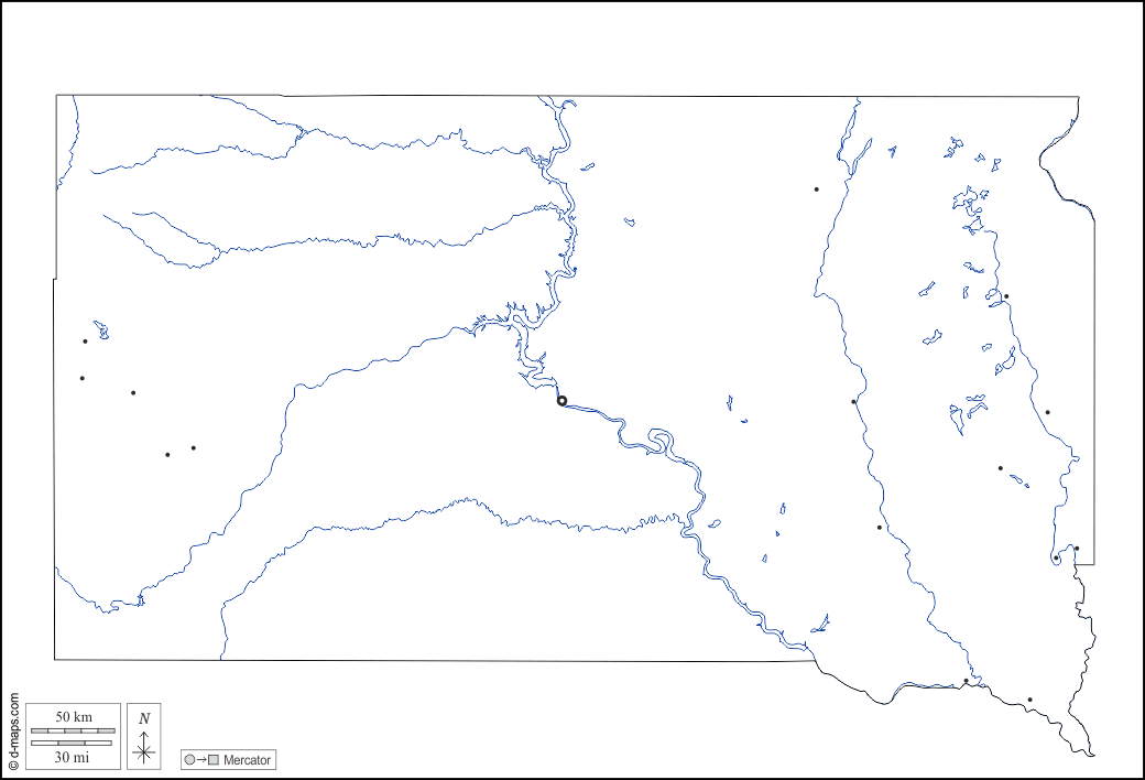 Dakota del Sud : d-maps.com: mappa gratuita, mappa muta gratuita, cartina muta gratuita : contorni, idrografia, principali città, bianco