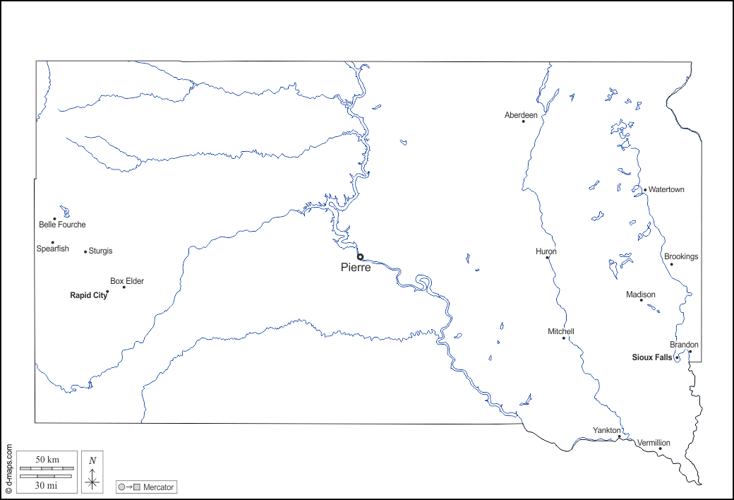 Dakota del Sud : d-maps.com: mappa gratuita, mappa muta gratuita, cartina muta gratuita : contorni, idrografia, principali città, nomi, bianco
