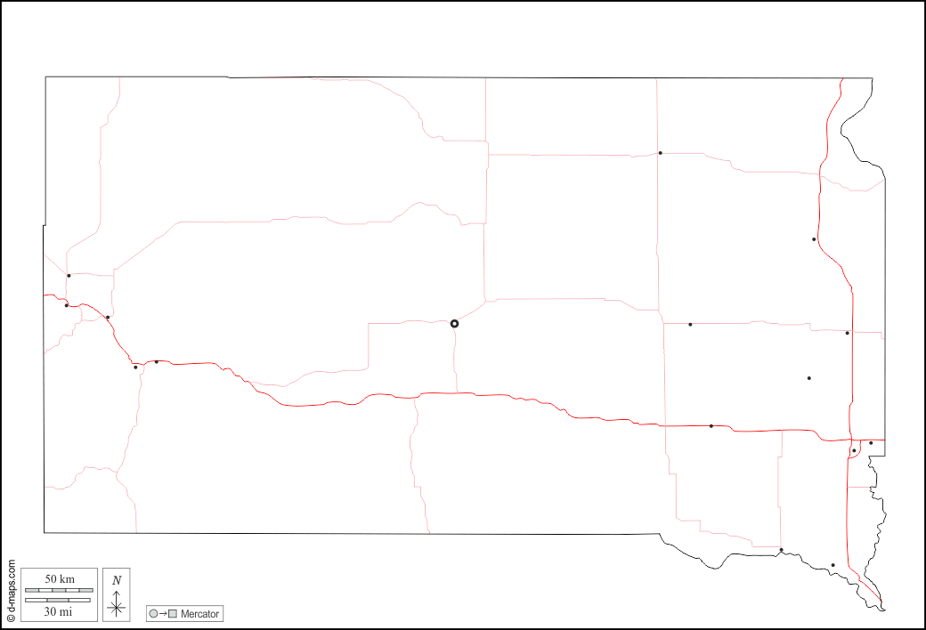 Dakota del Sud : d-maps.com: mappa gratuita, mappa muta gratuita, cartina muta gratuita : contorni, principali città, strade, bianco
