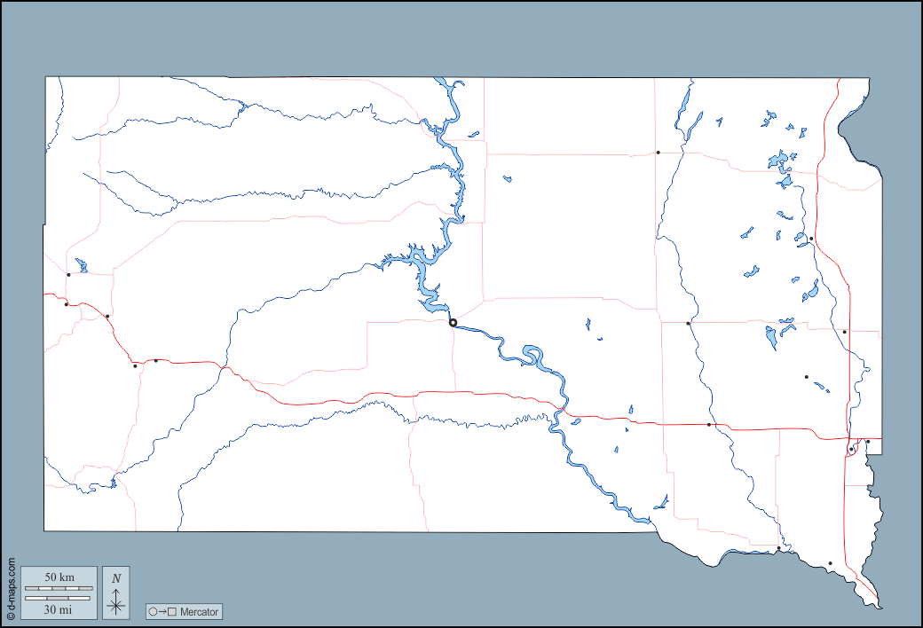Dakota del Sud : d-maps.com: mappa gratuita, mappa muta gratuita, cartina muta gratuita : contorni, idrografia, principali città, strade