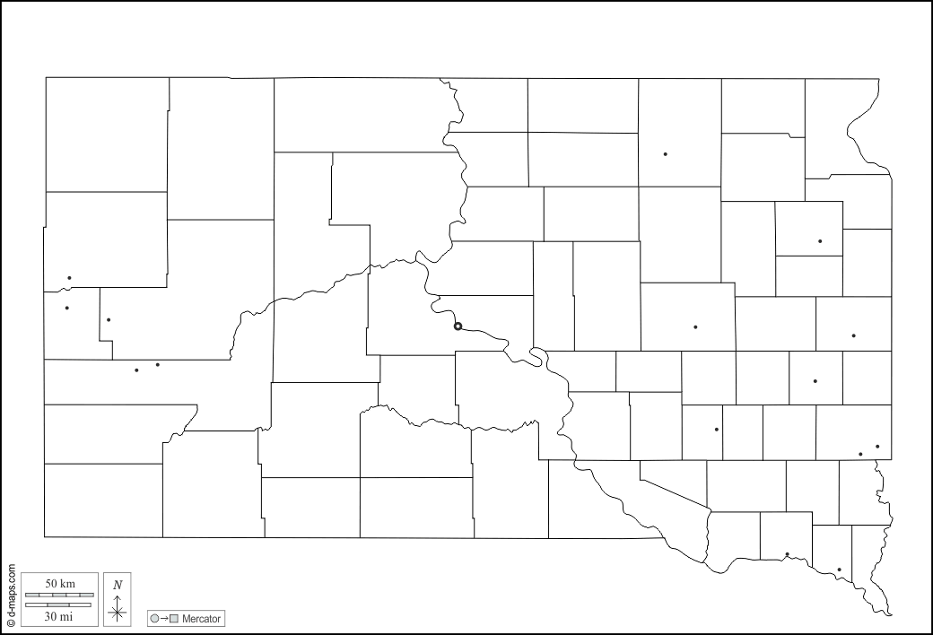 Dakota del Sud : d-maps.com: mappa gratuita, mappa muta gratuita, cartina muta gratuita : contorni, contee, principali città, bianco