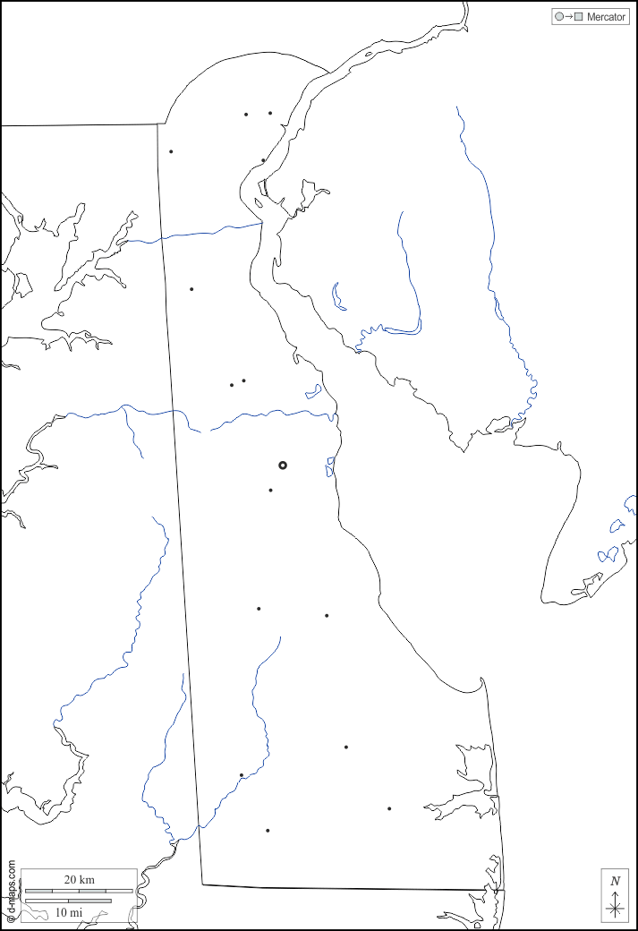 Delaware : d-maps.com: mappa gratuita, mappa muta gratuita, cartina muta gratuita : frontiere, idrografia, principali città, bianco