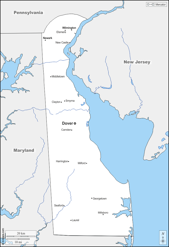 Delaware : d-maps.com: mappa gratuita, mappa muta gratuita, cartina muta gratuita : frontiere, idrografia, principali città, nomi