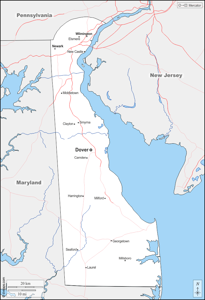 Delaware : d-maps.com: mappa gratuita, mappa muta gratuita, cartina muta gratuita : frontiere, idrografia, principali città, strade, nomi