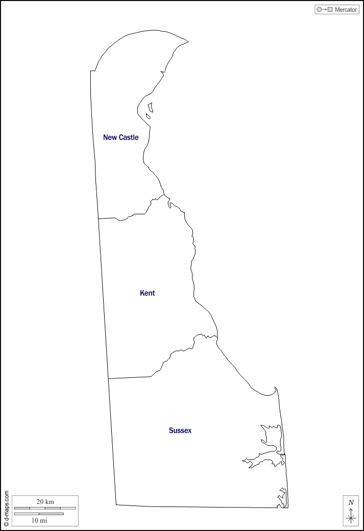 Delaware : d-maps.com: mappa gratuita, mappa muta gratuita, cartina muta gratuita : contorni, contee, nomi, bianco