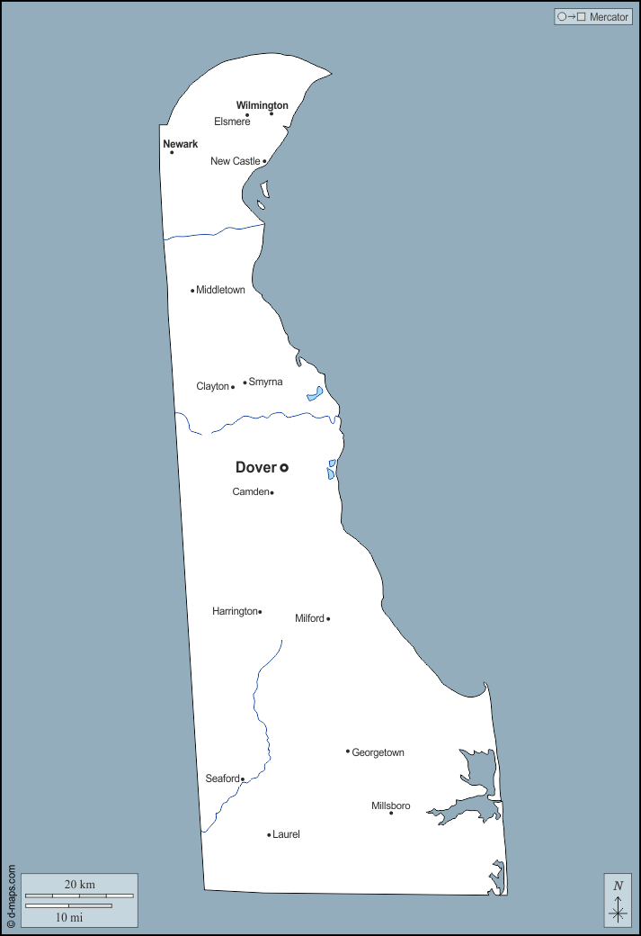 Delaware : d-maps.com: mappa gratuita, mappa muta gratuita, cartina muta gratuita : contorni, idrografia, principali città, nomi
