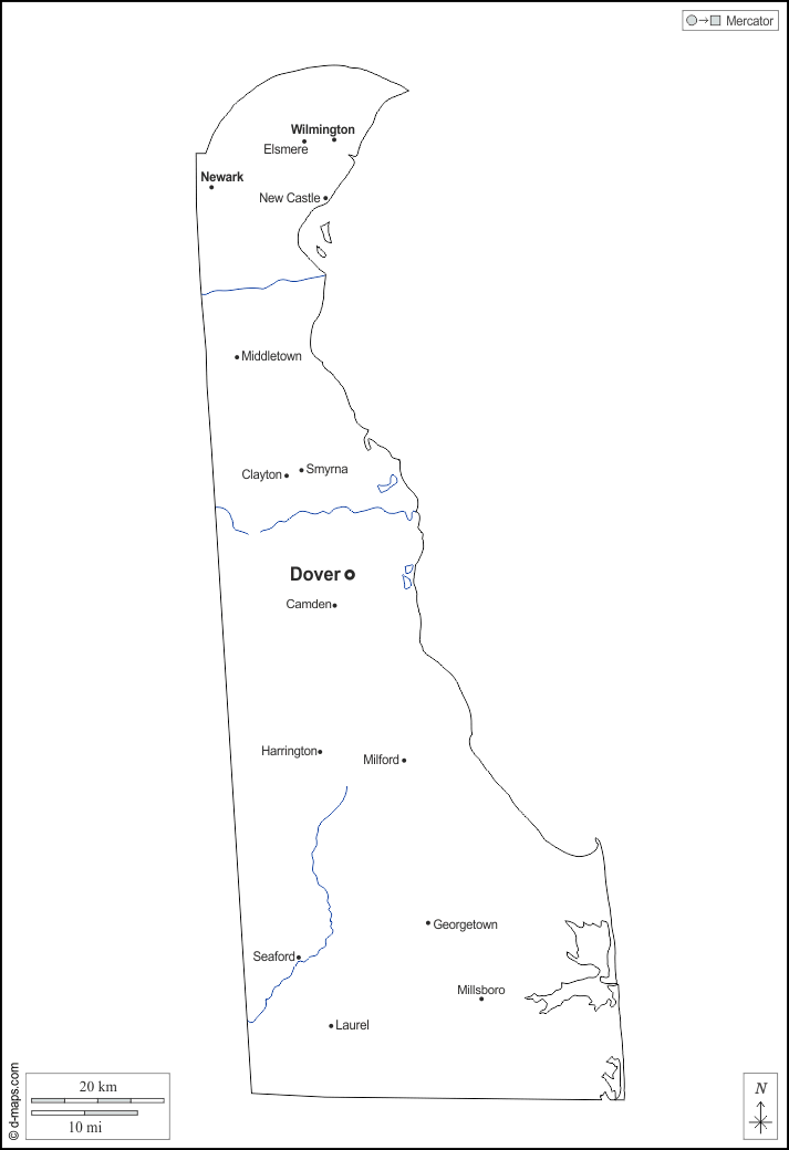 Delaware : d-maps.com: free map, free blank map, free outline map, free base map : outline, hydrography, main cities, names, white