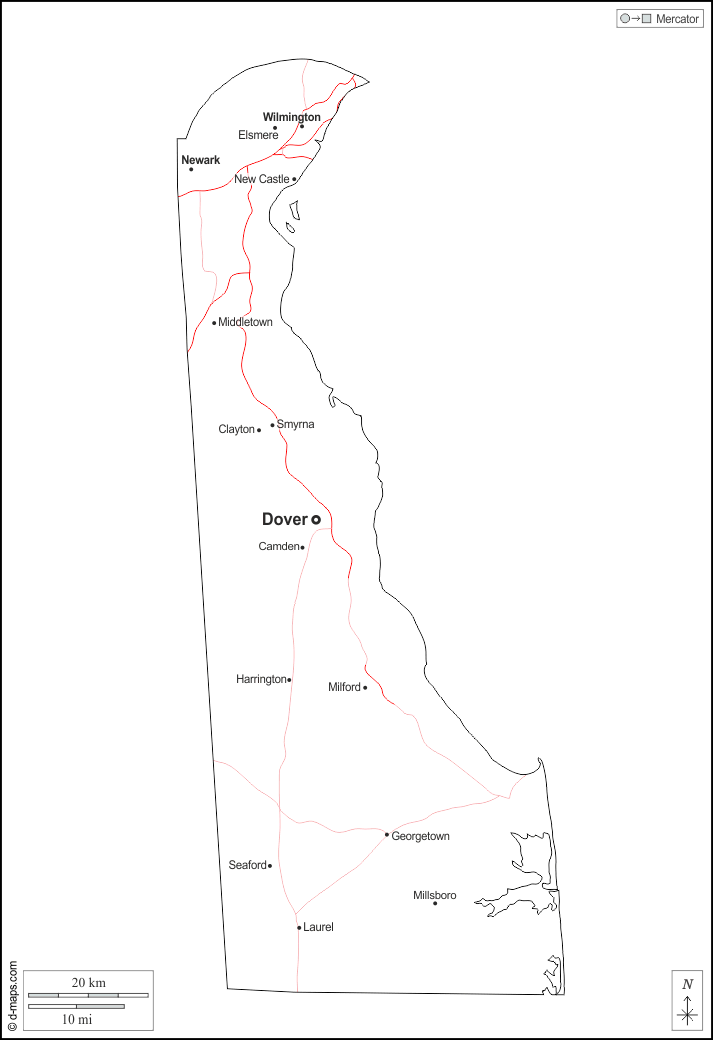 Delaware : d-maps.com: mappa gratuita, mappa muta gratuita, cartina muta gratuita : contorni, principali città, strade, nomi, bianco