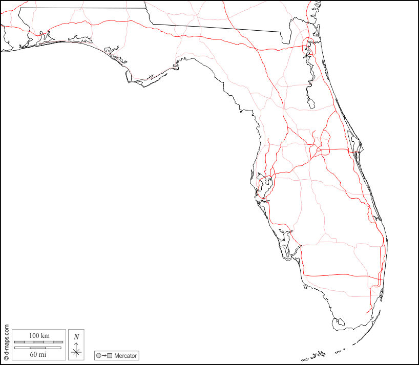 Florida : d-maps.com: mappa gratuita, mappa muta gratuita, cartina muta gratuita : frontiere, strade, bianco