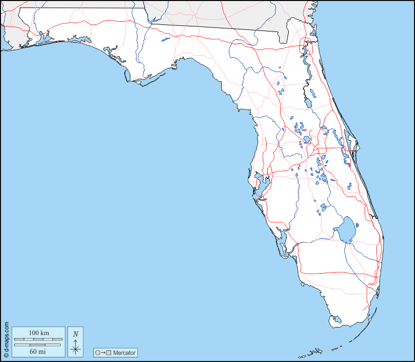 Florida : d-maps.com: mappa gratuita, mappa muta gratuita, cartina muta gratuita : frontiere, idrografia, strade