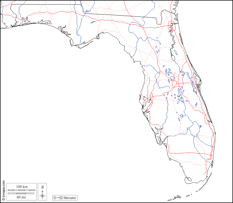 Florida : d-maps.com: mappa gratuita, mappa muta gratuita, cartina muta gratuita : frontiere, idrografia, strade, bianco