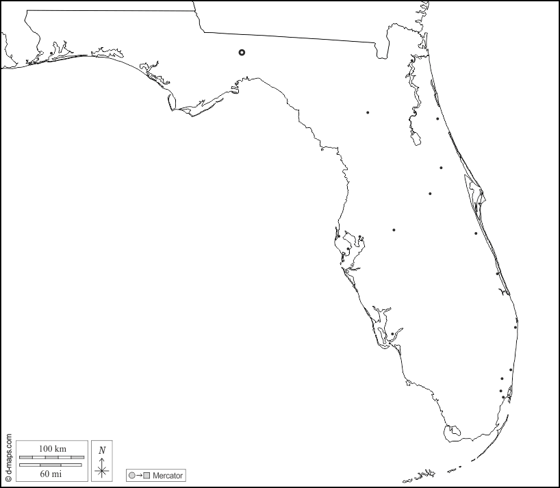 Florida : d-maps.com: mappa gratuita, mappa muta gratuita, cartina muta gratuita : frontiere, principali città, bianco