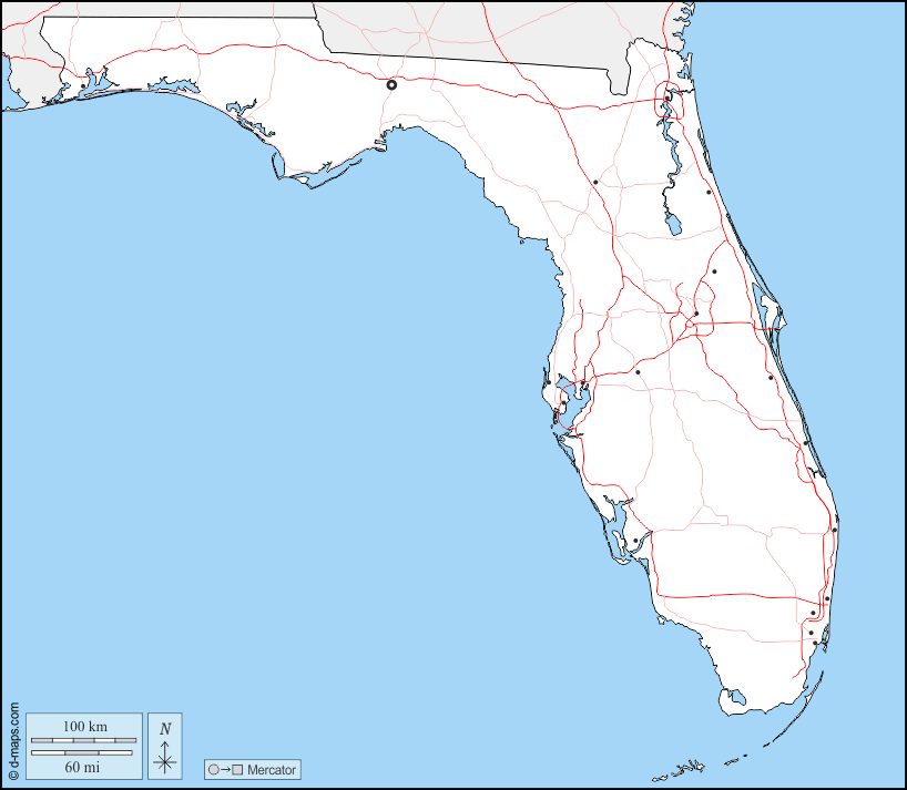 Florida : d-maps.com: Kostenlose Karten, kostenlose stumme Karte, kostenlose unausgefüllt Landkarte, kostenlose hochauflösende Umrisskarte : Grenzen, Wichtige Städte, Straßen