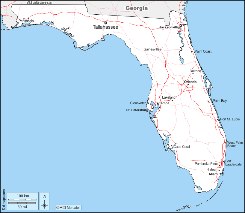 Florida : d-maps.com: mappa gratuita, mappa muta gratuita, cartina muta gratuita : frontiere, principali città, strade, nomi