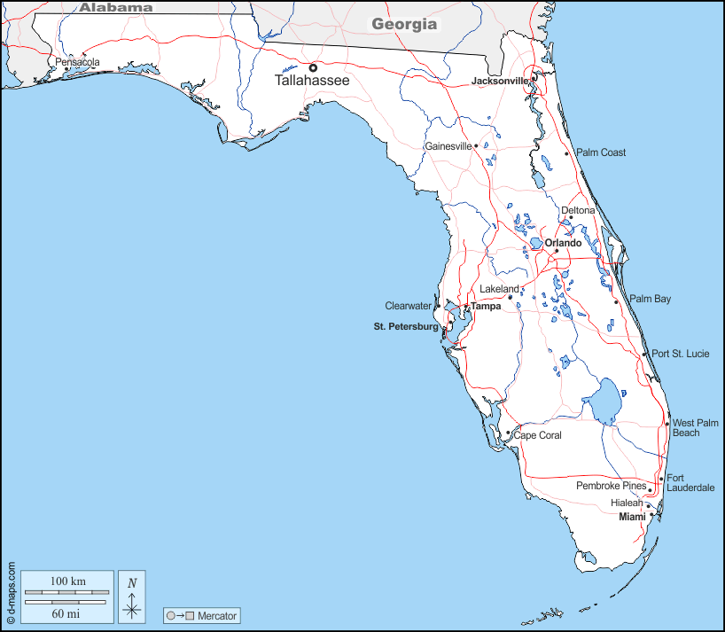 Florida : d-maps.com: mappa gratuita, mappa muta gratuita, cartina muta gratuita : frontiere, idrografia, principali città, strade, nomi