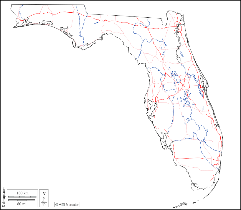 フロリダ : d-maps.com: 無料地図, 無料の空の地図, 無料のアウトラインマップ, 無料のベースマップ
 : 輪郭, 川と湖, 道路, 白い