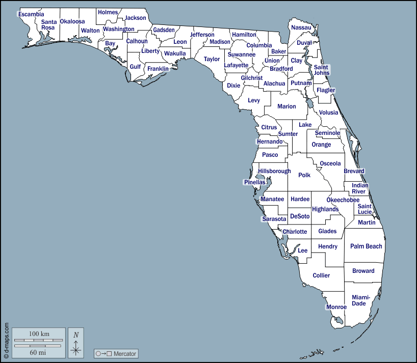 Florida : d-maps.com: mappa gratuita, mappa muta gratuita, cartina muta gratuita : contorni, contee, nomi
