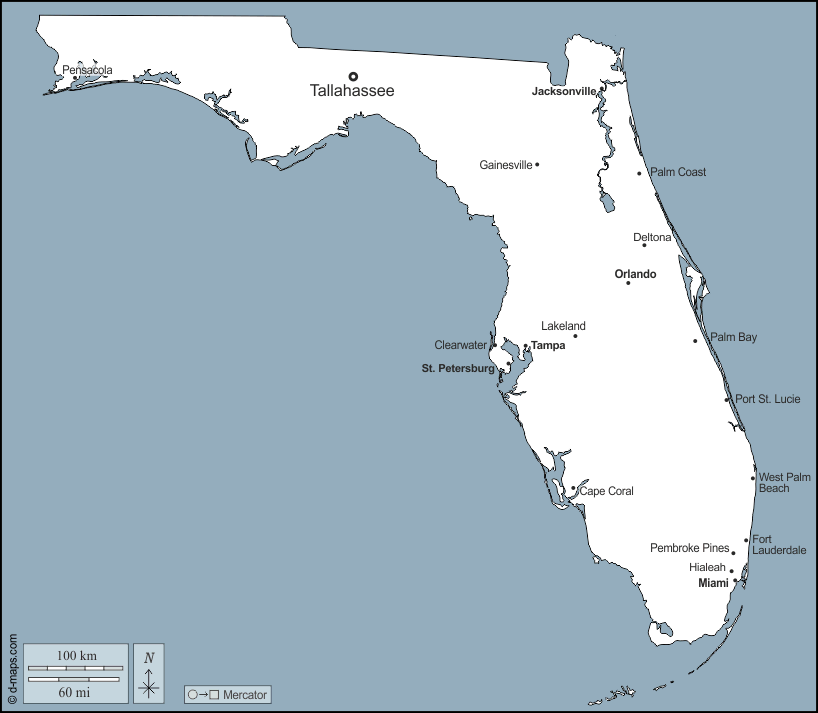Florida : d-maps.com: mappa gratuita, mappa muta gratuita, cartina muta gratuita : contorni, principali città, nomi