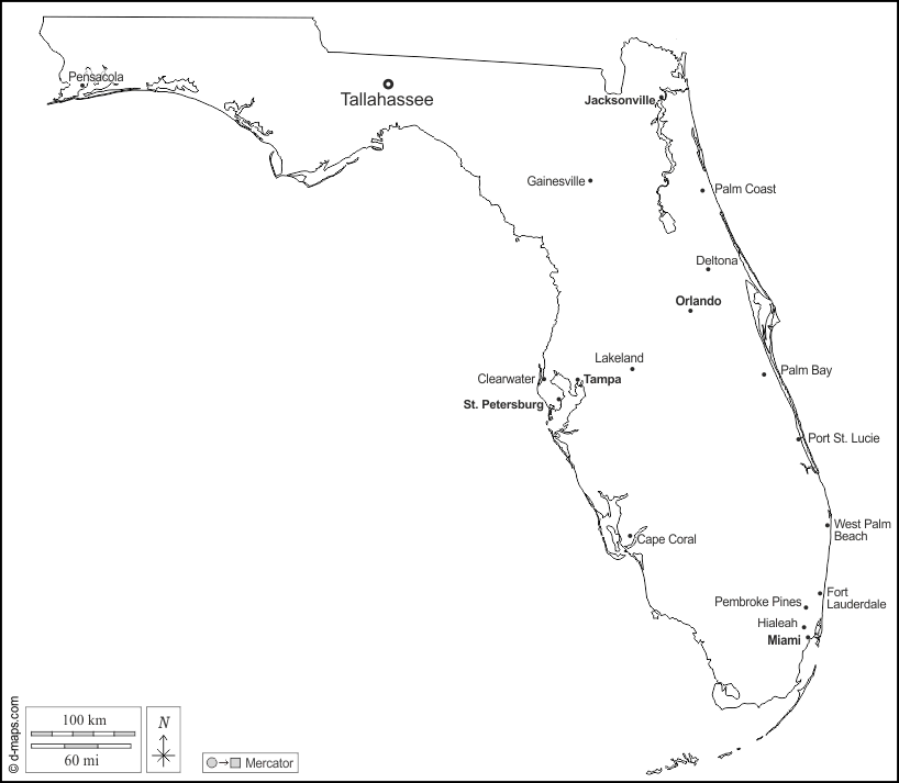 Florida : d-maps.com: mappa gratuita, mappa muta gratuita, cartina muta gratuita : contorni, principali città, nomi, bianco