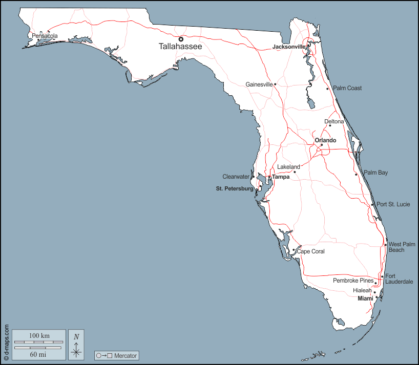 Florida : d-maps.com: mappa gratuita, mappa muta gratuita, cartina muta gratuita : contorni, principali città, strade, nomi