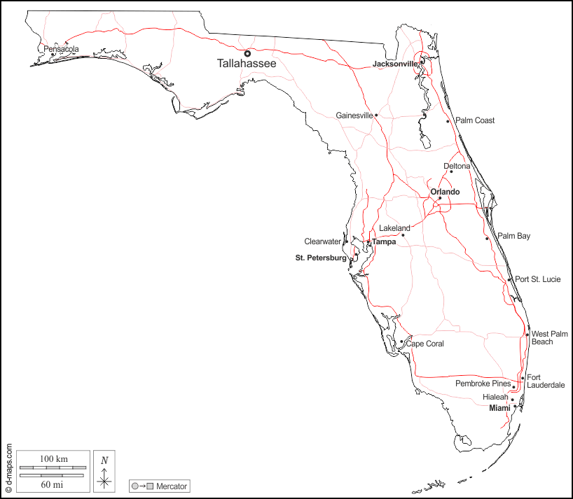 Florida : d-maps.com: mappa gratuita, mappa muta gratuita, cartina muta gratuita : contorni, principali città, strade, nomi, bianco