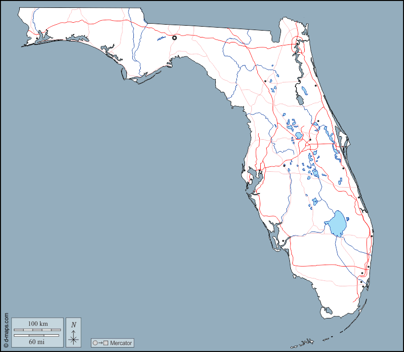 Florida : d-maps.com: mappa gratuita, mappa muta gratuita, cartina muta gratuita : contorni, idrografia, principali città, strade