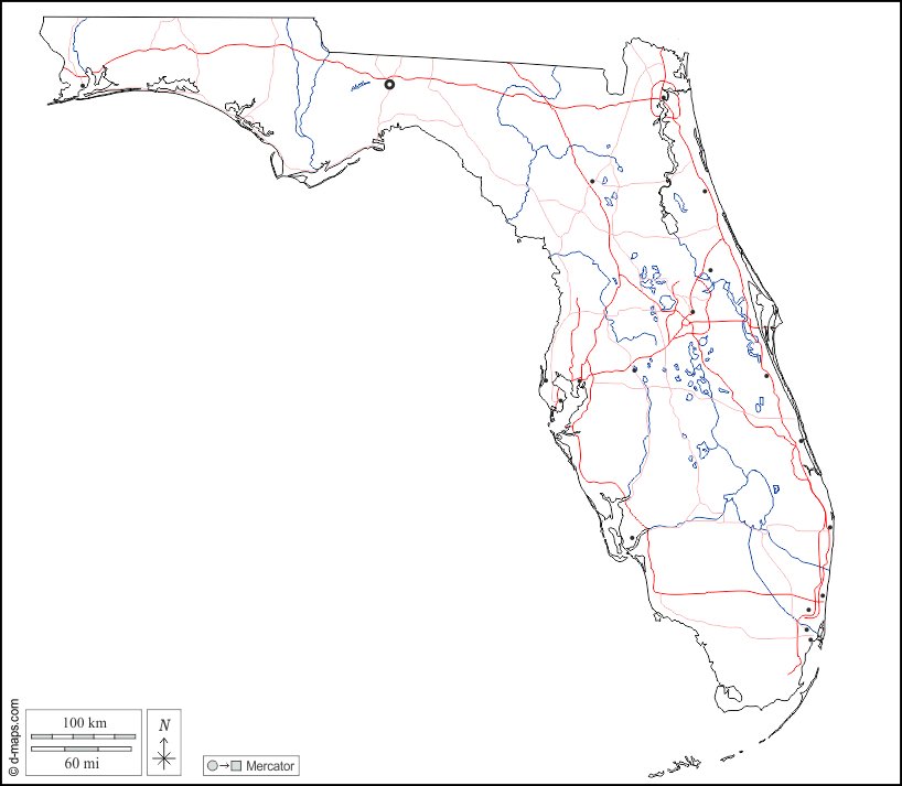 Florida : d-maps.com: mappa gratuita, mappa muta gratuita, cartina muta gratuita : contorni, idrografia, principali città, strade, bianco