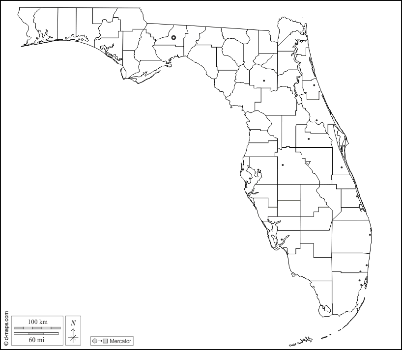 Florida : d-maps.com: mappa gratuita, mappa muta gratuita, cartina muta gratuita : contorni, contee, principali città, bianco