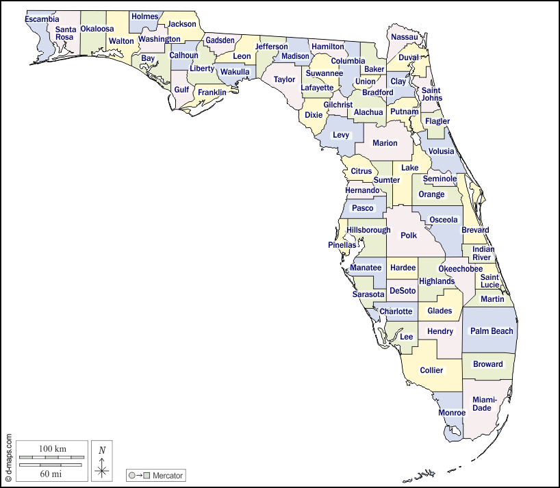 Florida : d-maps.com: mappa gratuita, mappa muta gratuita, cartina muta gratuita : contorni, contee, nomi, colore, bianco