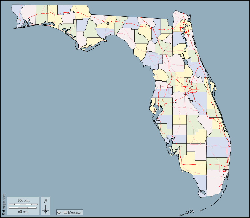 Florida : d-maps.com: mappa gratuita, mappa muta gratuita, cartina muta gratuita : contorni, contee, principali città, strade, colore
