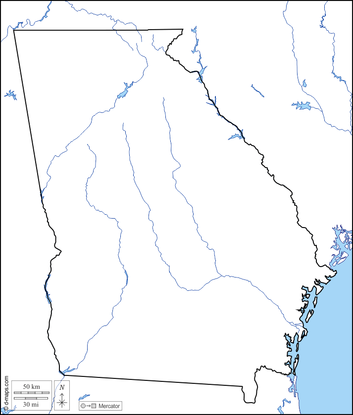 Georgia : d-maps.com: mappa gratuita, mappa muta gratuita, cartina muta gratuita : litorali, limiti, idrografia