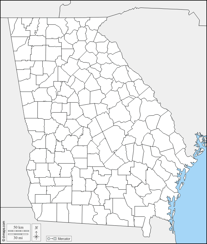 Georgia : d-maps.com: mappa gratuita, mappa muta gratuita, cartina muta gratuita : frontiere, contee