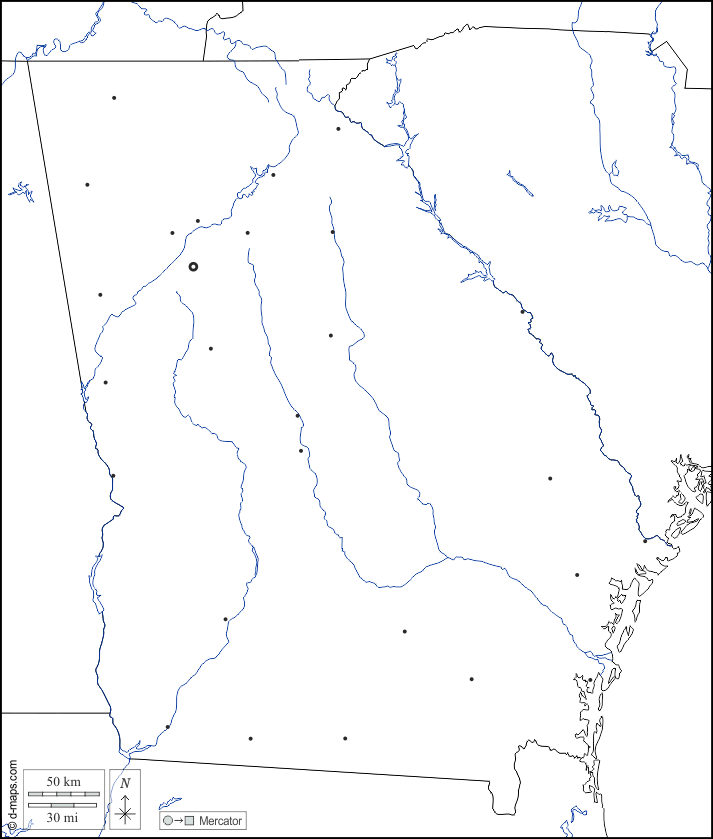 Georgia : d-maps.com: mappa gratuita, mappa muta gratuita, cartina muta gratuita : frontiere, idrografia, principali città, bianco