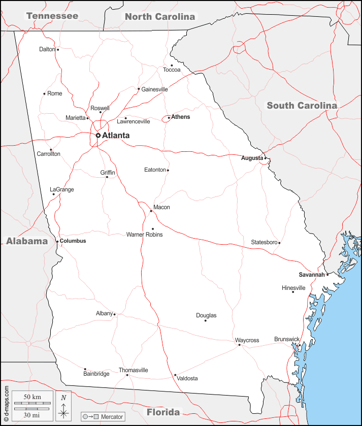 Georgia : d-maps.com: mappa gratuita, mappa muta gratuita, cartina muta gratuita : frontiere, principali città, strade, nomi