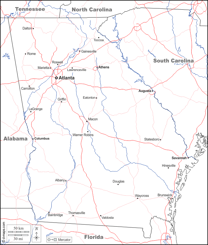 Georgia : d-maps.com: mappa gratuita, mappa muta gratuita, cartina muta gratuita : frontiere, idrografia, principali città, strade, nomi, bianco