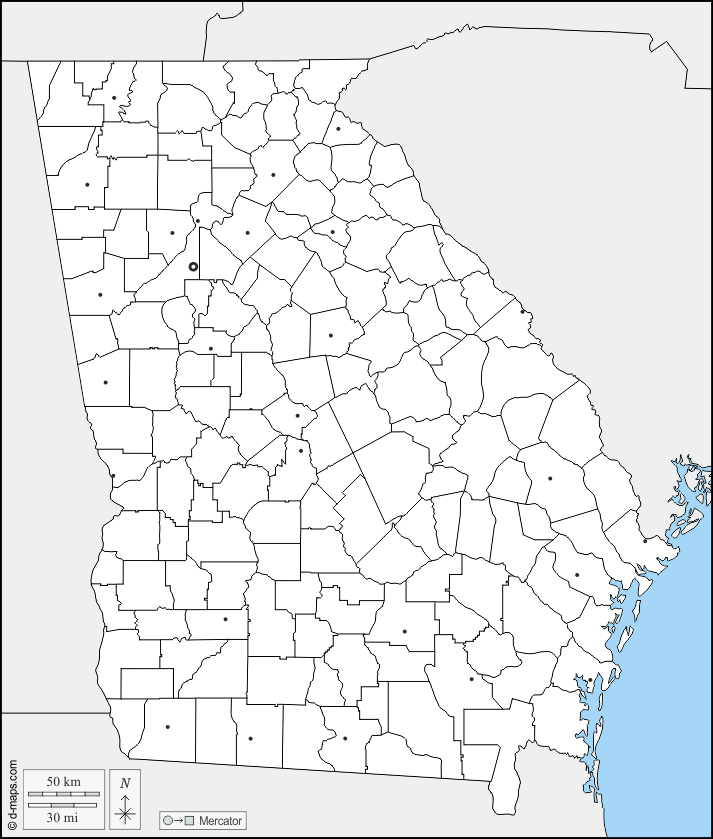 Georgia : d-maps.com: mappa gratuita, mappa muta gratuita, cartina muta gratuita : frontiere, contee, principali città