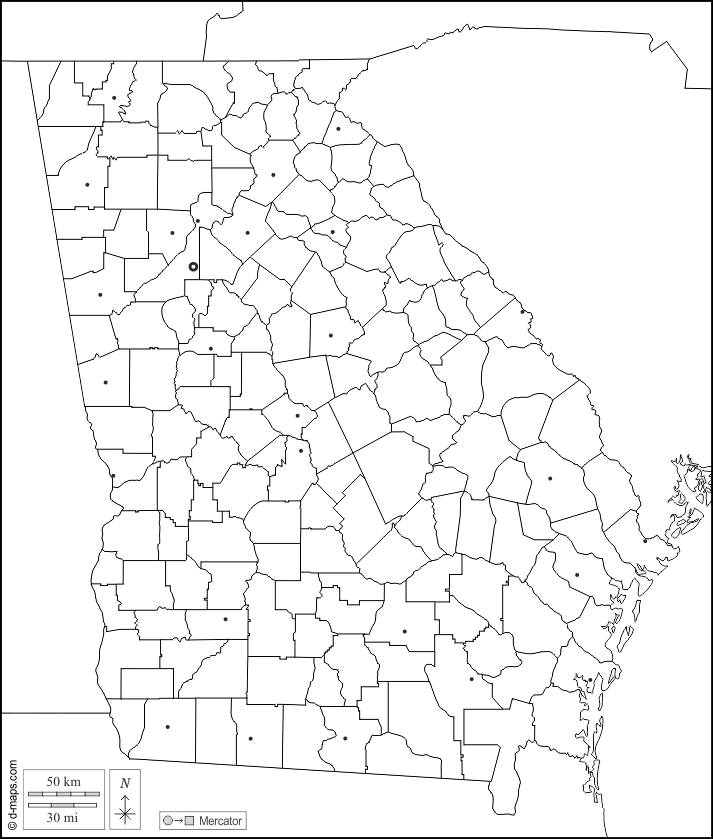 Georgia : d-maps.com: mappa gratuita, mappa muta gratuita, cartina muta gratuita : frontiere, contee, principali città, bianco