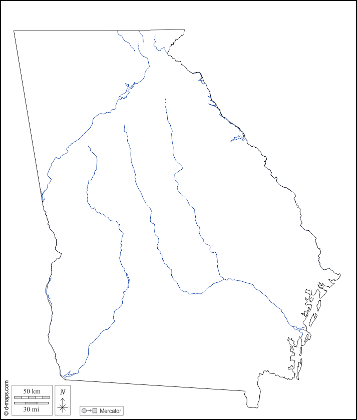 Georgia : d-maps.com: mappa gratuita, mappa muta gratuita, cartina muta gratuita : contorni, idrografia, bianco
