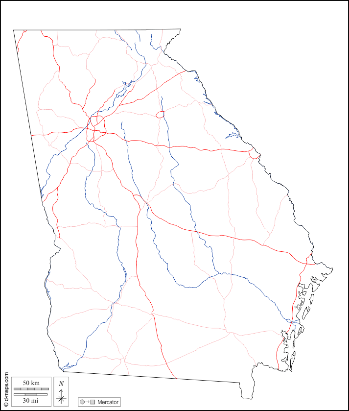 Georgia : d-maps.com: mappa gratuita, mappa muta gratuita, cartina muta gratuita : contorni, idrografia, strade, bianco